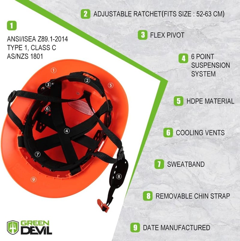 GREEN DEVIL Full Brim Hard Hat Vented Construction Safety Helmet OSHA Approved Cascos De Construccion Work Hardhats with Cooling Towel for Men&Women 6 Point Adjustable Ratchet Suspension - Image 4